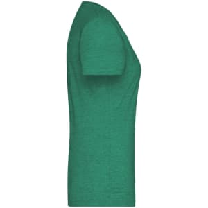 A green ladies' heather T-shirt featuring a short sleeve design and a fitted silhouette, with a logo.