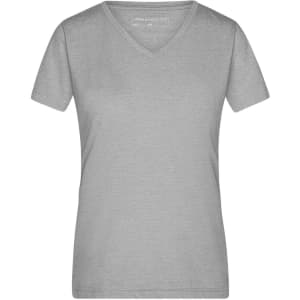 A heather grey ladies v-neck t-shirt with short sleeves and a fitted design. Includes a logo on the label.