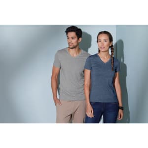 A grey and a navy women's heather T-shirt are displayed on models against a light blue background. The shirts have v-neck designs.