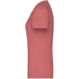 A ladies' heather T-shirt in a soft rose hue, featuring a fitted silhouette and short sleeves. It has a logo.
