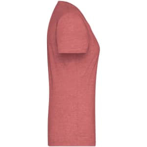 A ladies heather t-shirt in a soft reddish hue, featuring short sleeves and a fitted design. It includes a logo.