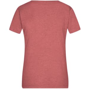 A ladies heather T-shirt in a muted pink shade, featuring a simple design with a logo.