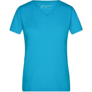 A ladies heather t-shirt in vibrant turquoise, featuring a V-neck design and short sleeves. It has a logo.