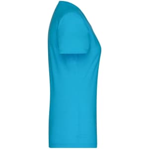 A ladies heather t-shirt in vibrant turquoise, featuring a fitted silhouette and short sleeves, with a logo on the label.