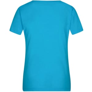 A turquoise ladies' heather T-shirt with short sleeves and a plain back design. The shirt has a logo.