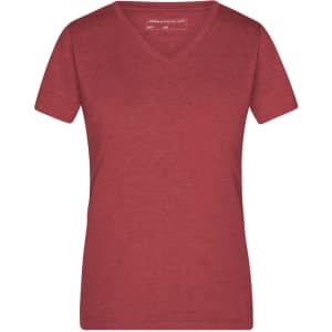 A red ladies' heather V-neck t-shirt with short sleeves and a logo.