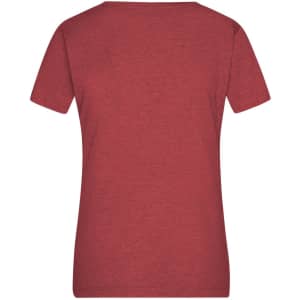 A red heather ladies T-shirt with short sleeves and a round neckline, featuring a logo.