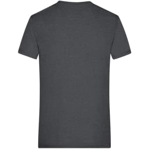 A dark grey heather men's T-shirt viewed from the back, featuring a simple design with a logo.