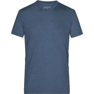 A men's heather T-shirt in navy blue with a crew neckline and short sleeves. It features a logo at the neckline.