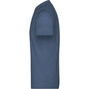 A blue men's heather T-shirt featuring short sleeves and a classic fit. It has a branding logo.
