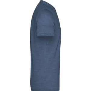 A blue men's heather t-shirt with short sleeves, featuring a logo on the side.