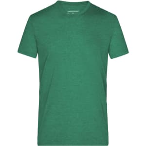 A green men's heather t-shirt with a crew neck and short sleeves, featuring a logo on the label.