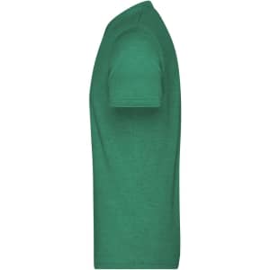 A green heather men's T-shirt features a crew neck and short sleeves. It includes a logo on the side.