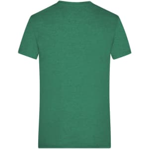 A green heather t-shirt displayed from the back, featuring a simple design and a logo on the neck area.