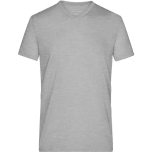 A grey heather t-shirt with a v-neck design, featuring a small logo on the label.