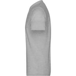 A grey heather men's t-shirt displayed from the side, featuring short sleeves and a simple design.