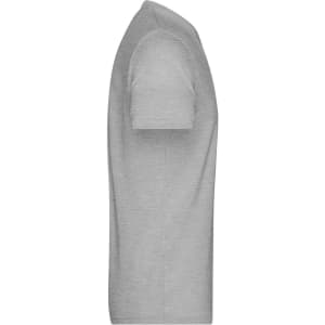A heather grey men's t-shirt with short sleeves and a round neckline. Features a branding logo.
