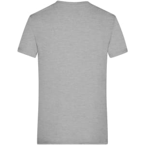 A grey heather men’s T-shirt with a round neck and short sleeves, featuring a branding logo.