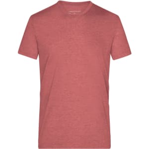 A men's heather t-shirt in a shade of red, featuring a crew neckline and short sleeves. Includes a logo.