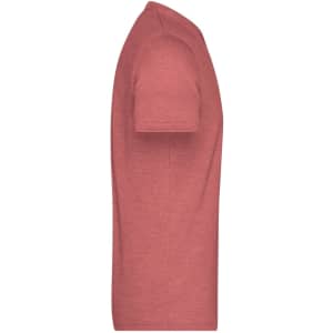 A heather red men's t-shirt featuring a crew neck and short sleeves, with a logo on the side.