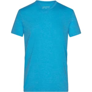 A vibrant blue men's heather t-shirt with a simple design and a tag at the neckline.