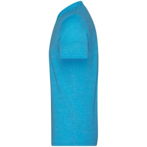 A blue men's heather t-shirt with short sleeves, shown from the side. It features a logo on the label.