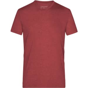 A red heather T-shirt with a crew neck and short sleeves. It features a branding logo.
