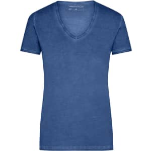 A blue ladies t-shirt with a v-neck design and short sleeves, featuring a branding logo.