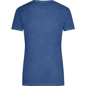 A blue ladies T-shirt with short sleeves and a classic fit, featuring a plain back design.