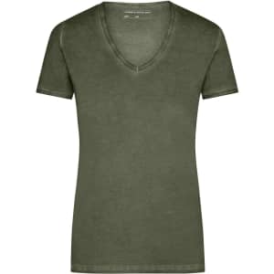 A green Ladies Gipsy T-Shirt featuring a V-neck and short sleeves, with a simple design and a logo.