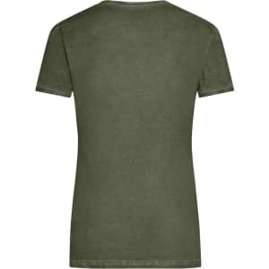 A ladies short-sleeve t-shirt in olive green featuring a simple design and a logo on the back.