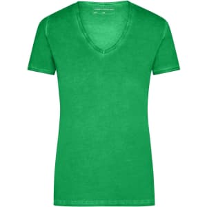 A green ladies' V-neck T-shirt with short sleeves, featuring a logo.