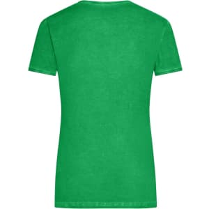 A green ladies' T-shirt with a round neckline and short sleeves, featuring a plain back design.