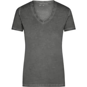 A grey ladies' t-shirt with a V-neck and short sleeves, featuring a subtle faded design. It includes a branding label.