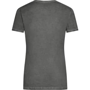 A grey ladies' T-shirt with short sleeves and a simple design, featuring a logo on the back.