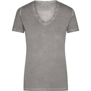 A grey Ladies Gipsy T-Shirt with a V-neck and short sleeves, featuring a subtle vintage look and a branding logo.