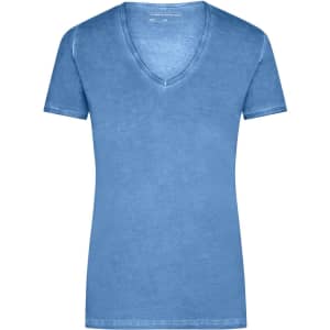 A blue V-neck t-shirt featuring short sleeves and a simple design. The shirt has a branding logo.