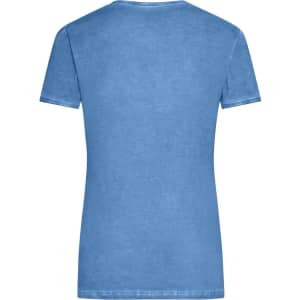 A blue ladies' T-shirt featuring a round neck and short sleeves. The back view highlights its fitted design.
