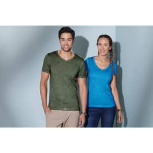 A green v-neck t-shirt worn by a man and a blue v-neck t-shirt worn by a woman, both smiling.