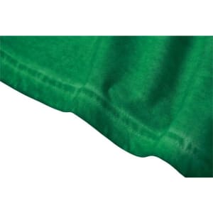 A close-up of a green t-shirt showing fabric texture and stitching details. The shirt features a logo at the neck.