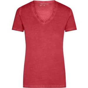 A red ladies' t-shirt featuring a v-neck design and short sleeves. The shirt has a branding logo.
