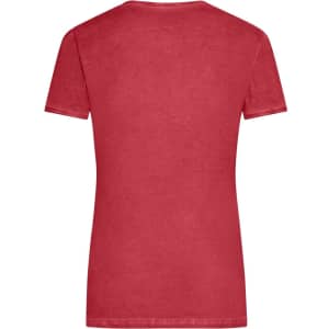 A red ladies' T-shirt with short sleeves and a classic fit, featuring a branding logo.