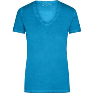 A blue ladies' V-neck T-shirt featuring a fitted design and short sleeves. The shirt has a subtle texture and a logo.