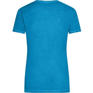 A blue ladies' T-shirt with short sleeves and a round neckline, featuring a logo on the back.