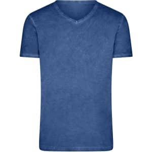 A men's v-neck t-shirt in a deep blue colour, featuring a simple design and a logo.