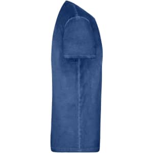 A blue men's T-shirt with a rounded neckline and short sleeves. It features a logo on the side.