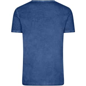 A men's T-shirt in a deep blue colour with a casual, textured appearance, featuring a logo on the back.
