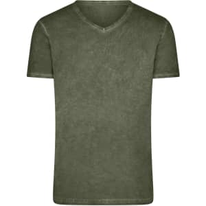 A men's V-neck T-shirt in a muted olive green shade, featuring a simple design with no visible branding.