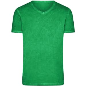 A green men's T-shirt with a V-neck design, featuring a subtle texture and a logo on one side.