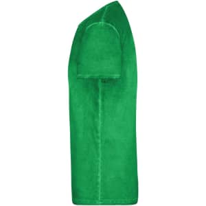 A green men's t-shirt displayed from the side, featuring short sleeves and a simple design.